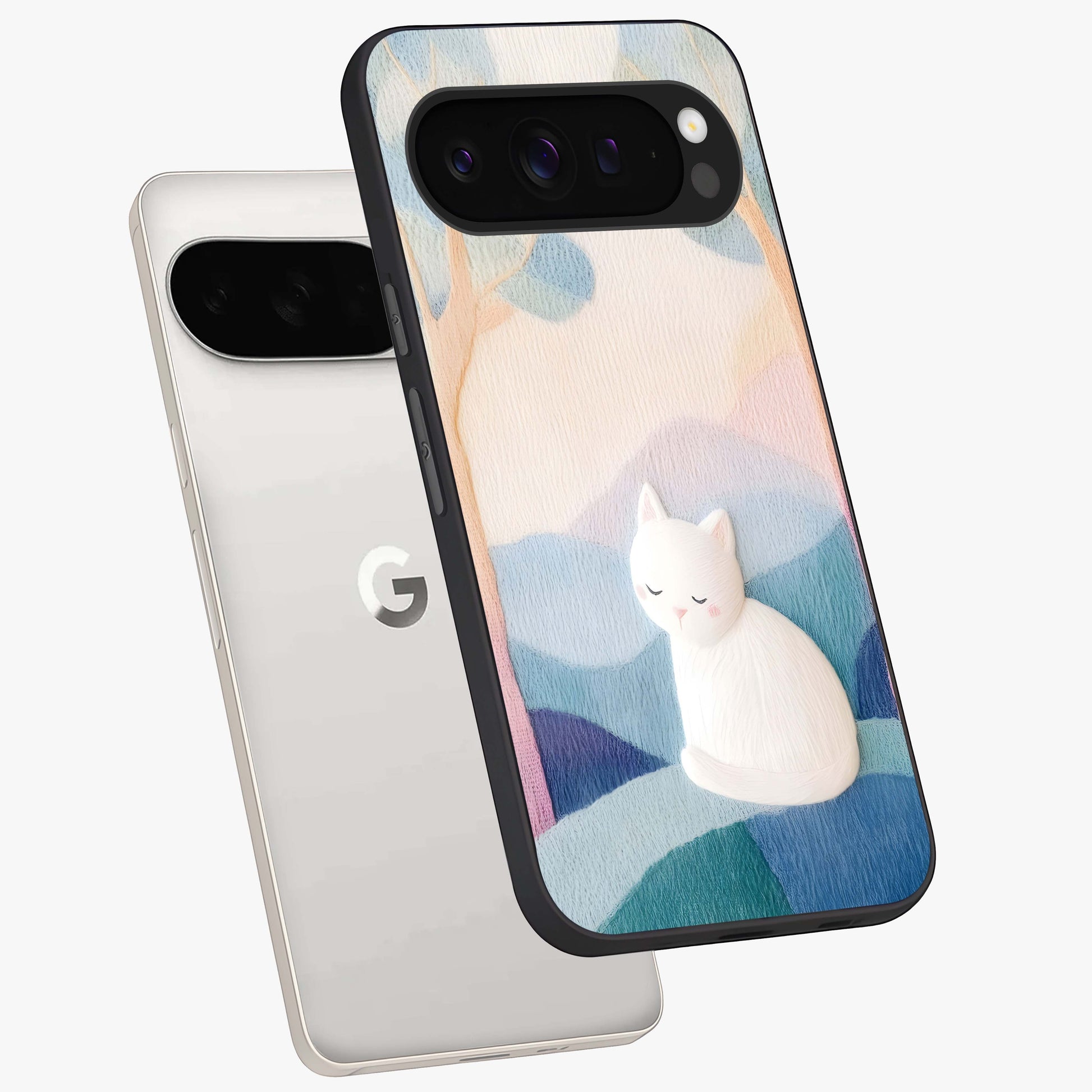 Cotton Dream Cat Glass Case displayed in angled mockup highlighting cute feline illustration with pastel aesthetic style.