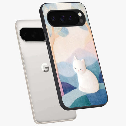 Cotton Dream Cat Glass Case displayed in angled mockup highlighting cute feline illustration with pastel aesthetic style.