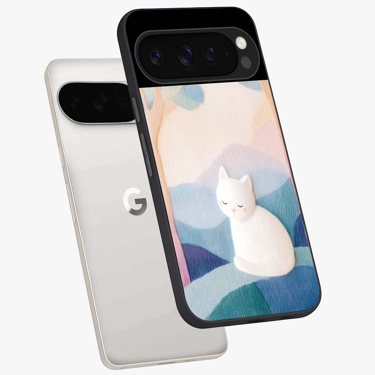 Cotton Dream Cat Glass Case displayed in angled mockup highlighting cute feline illustration with pastel aesthetic style.