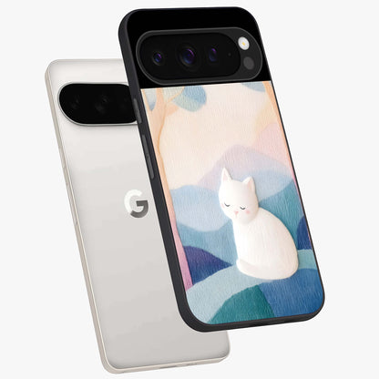 Cotton Dream Cat Glass Case displayed in angled mockup highlighting cute feline illustration with pastel aesthetic style.