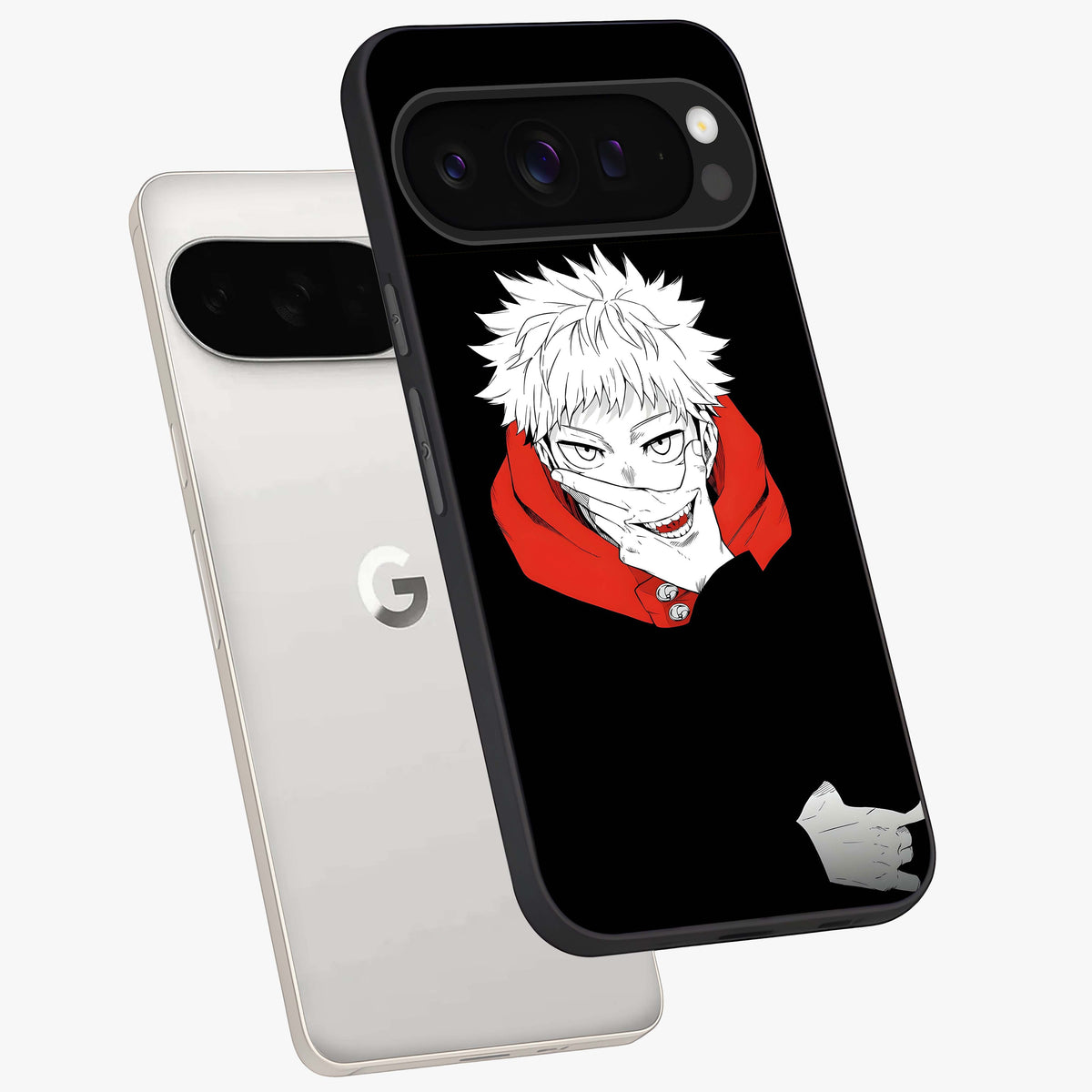 Crimson Chaos Smile Glass Case displayed in angled mockup highlighting edgy crimson smile design with graphic aesthetic.