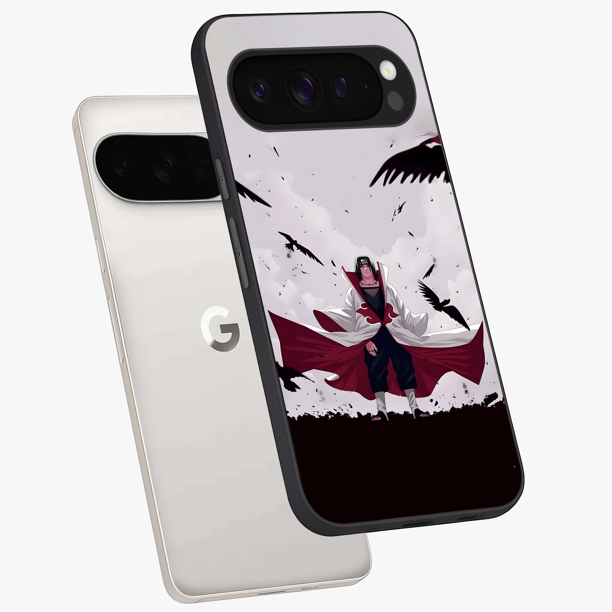 Crimson Crow Ascension Glass Case displayed in angled mockup highlighting powerful crow illustration with dark crimson aesthetic.
