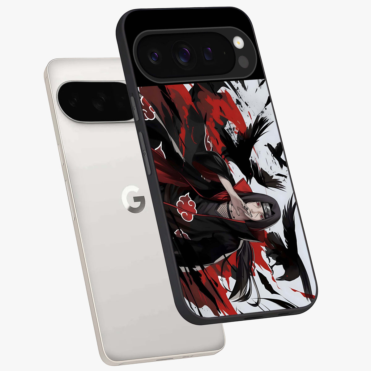 Crimson Crow Illusion Glass Case displayed in angled mockup highlighting mysterious crow graphic with dark aesthetic style.