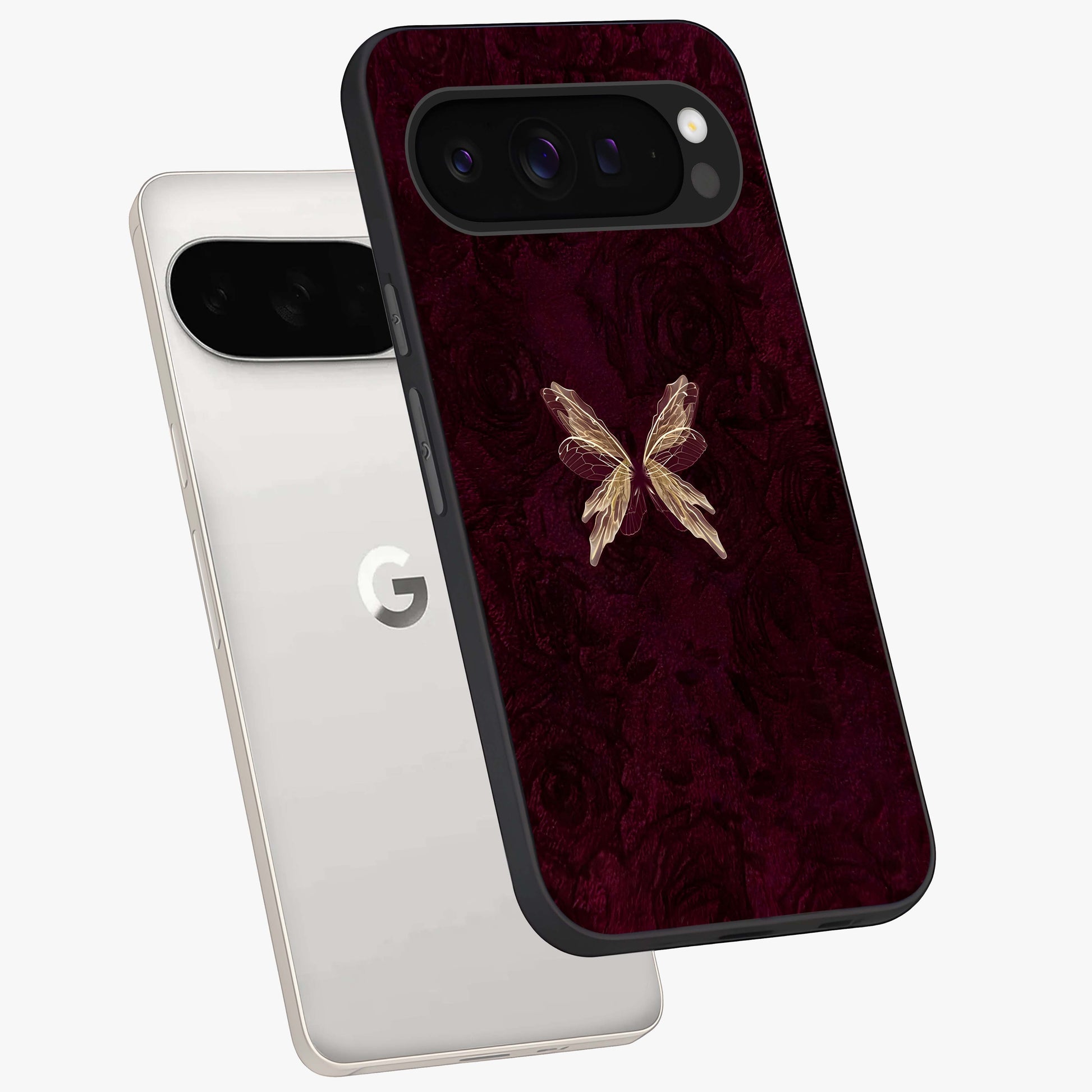Crimson Fade Butterfly Glass Case displayed in angled mockup highlighting elegant butterfly design with crimson gradient aesthetic.