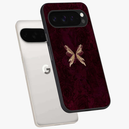 Crimson Fade Butterfly Glass Case displayed in angled mockup highlighting elegant butterfly design with crimson gradient aesthetic.