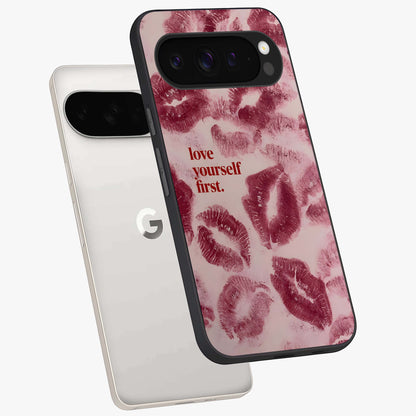 Crimson Kiss Love Glass Case displayed in angled mockup highlighting bold love inspired design with modern aesthetic style.