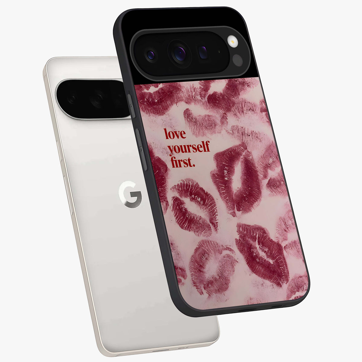 Crimson Kiss Love Glass Case displayed in angled mockup highlighting bold love inspired design with modern aesthetic style.