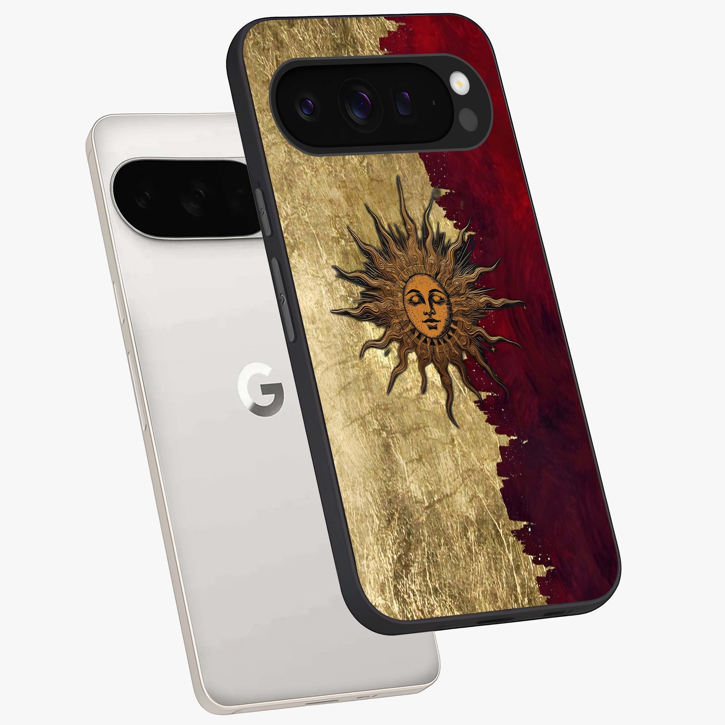Crimson Sun Majesty Glass Case displayed in angled mockup highlighting majestic crimson sun design with bold aesthetic style.