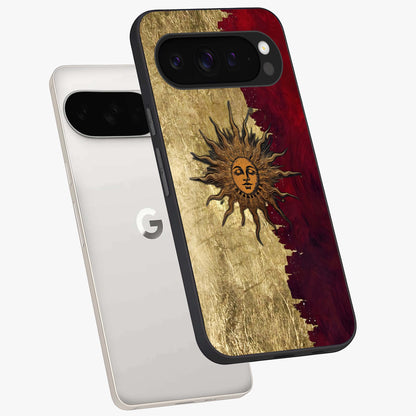 Crimson Sun Majesty Glass Case displayed in angled mockup highlighting majestic crimson sun design with bold aesthetic style.