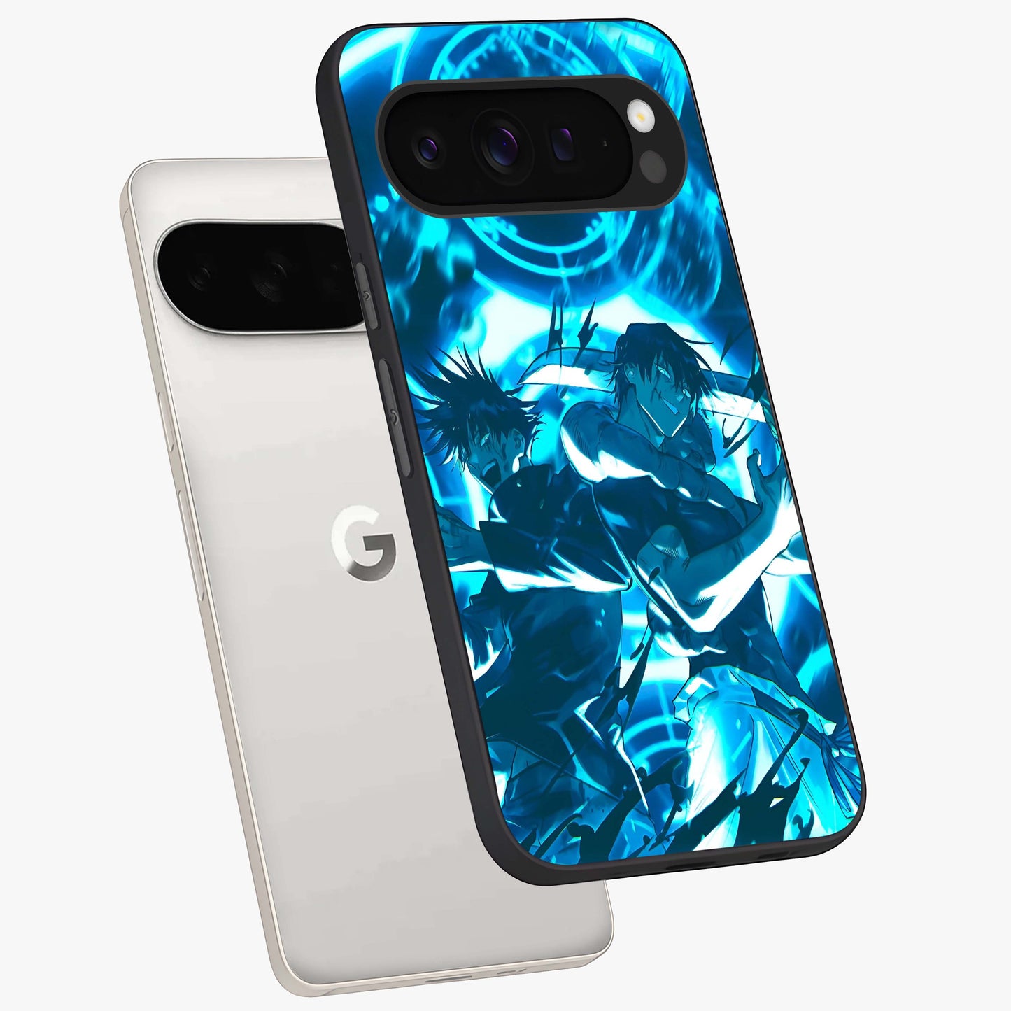Cursed Energy Clash Glass Case displayed in angled mockup highlighting powerful battle inspired graphic with anime style aesthetic.