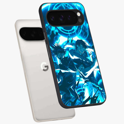 Cursed Energy Clash Glass Case displayed in angled mockup highlighting powerful battle inspired graphic with anime style aesthetic.
