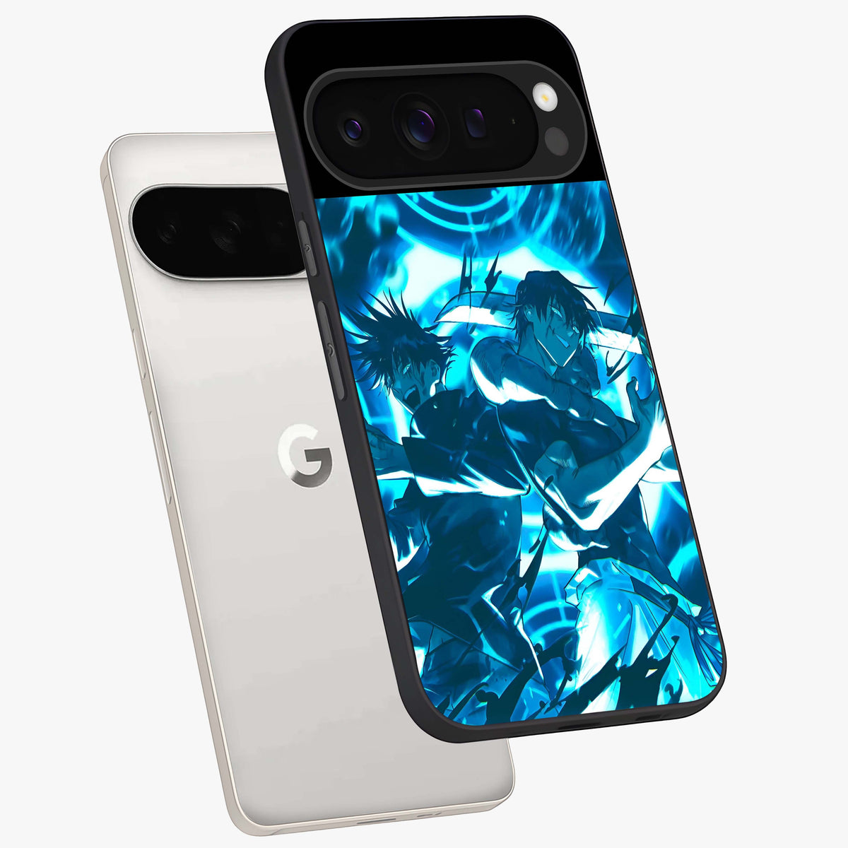 Cursed Energy Clash Glass Case displayed in angled mockup highlighting powerful battle inspired graphic with anime style aesthetic.
