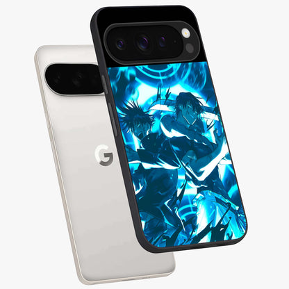 Cursed Energy Clash Glass Case displayed in angled mockup highlighting powerful battle inspired graphic with anime style aesthetic.