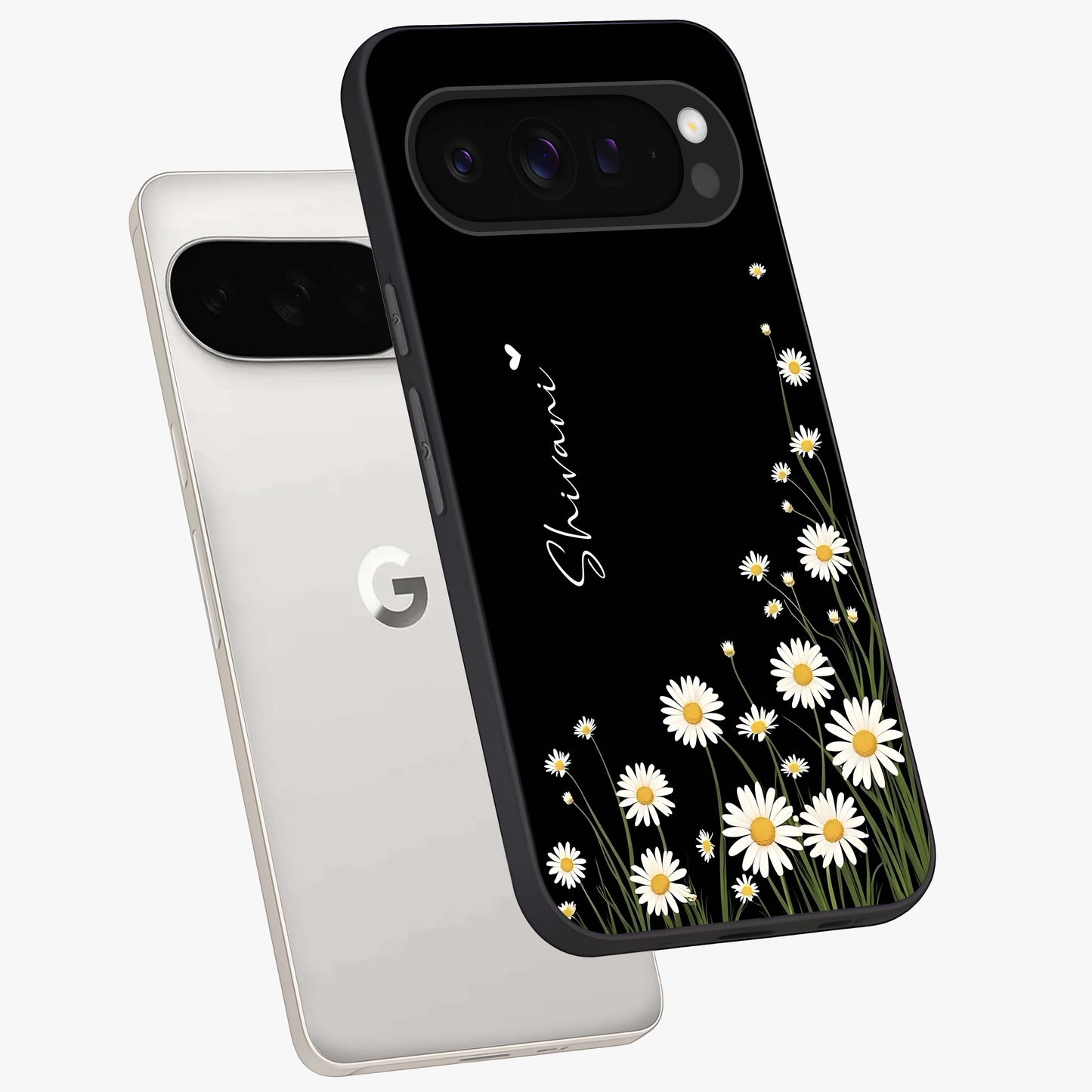Daisy Cascade Custom Name Glass Case displayed in angled mockup highlighting delicate daisy artwork with custom name feature.