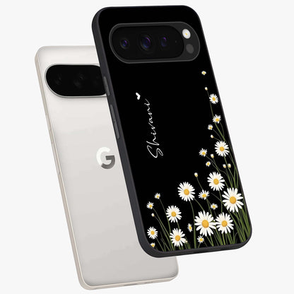 Daisy Cascade Custom Name Glass Case displayed in angled mockup highlighting delicate daisy artwork with custom name feature.