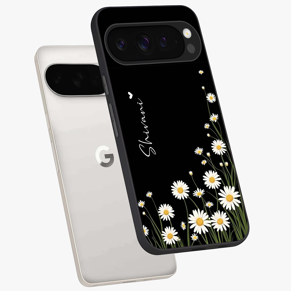 Daisy Cascade Custom Name Glass Case displayed in angled mockup highlighting delicate daisy artwork with custom name feature.