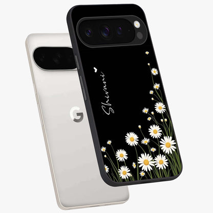 Daisy Cascade Custom Name Glass Case displayed in angled mockup highlighting delicate daisy artwork with custom name feature.