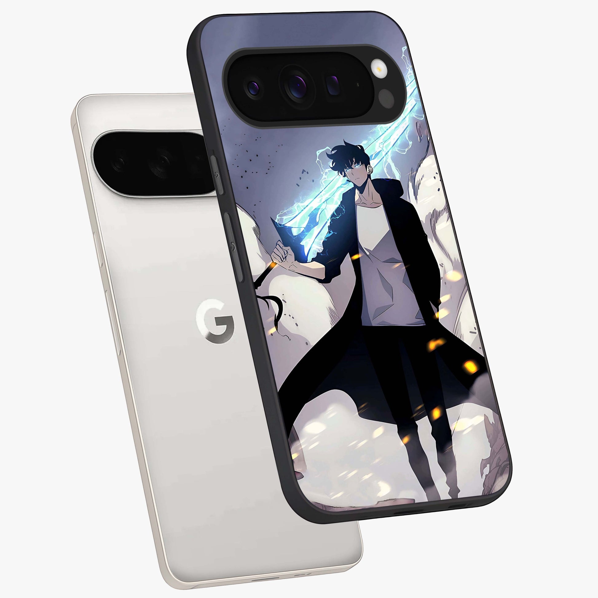 Dark Lightning Anime Warrior Glass Case displayed in angled mockup highlighting powerful lightning themed anime illustration.