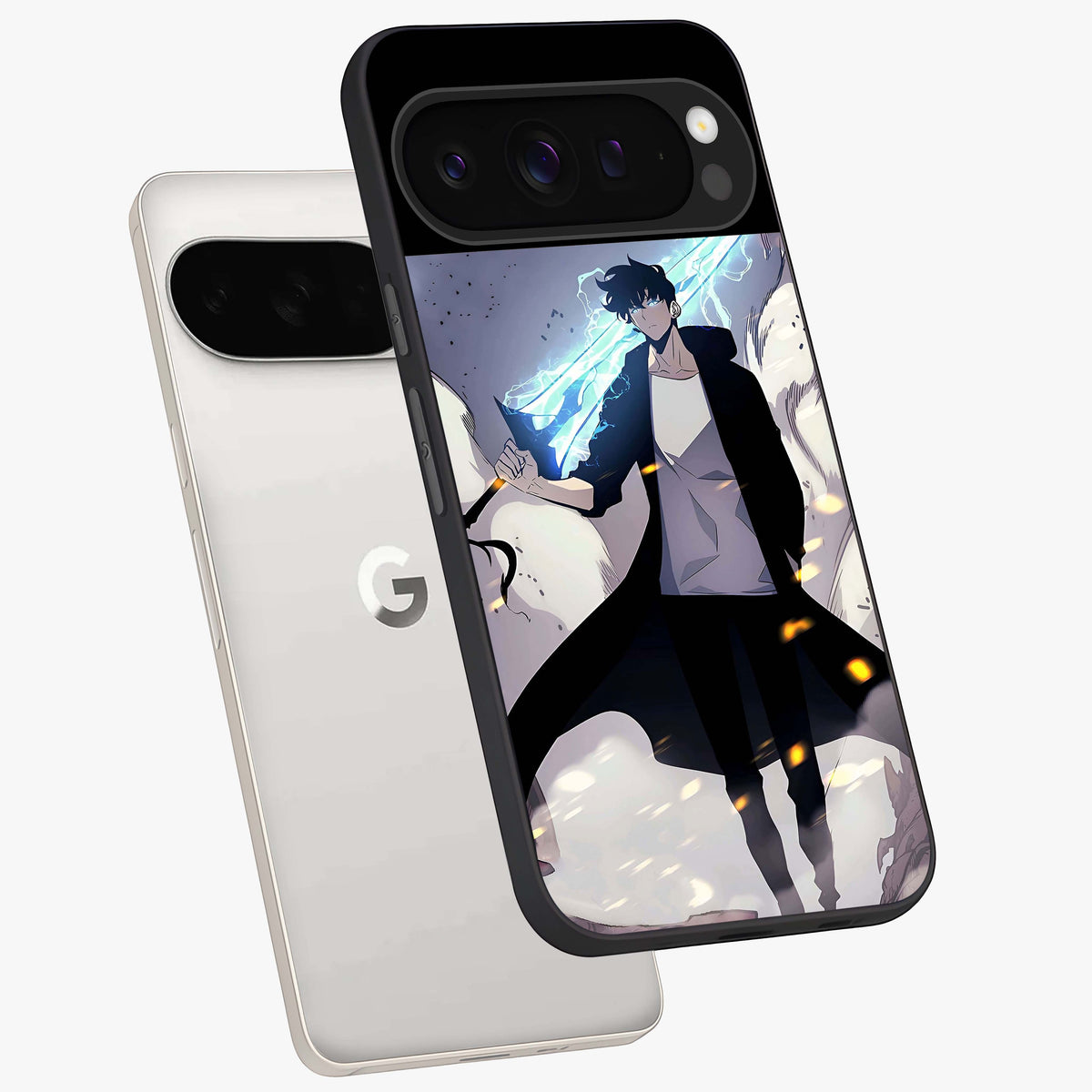 Dark Lightning Anime Warrior Glass Case displayed in angled mockup highlighting powerful lightning themed anime illustration.