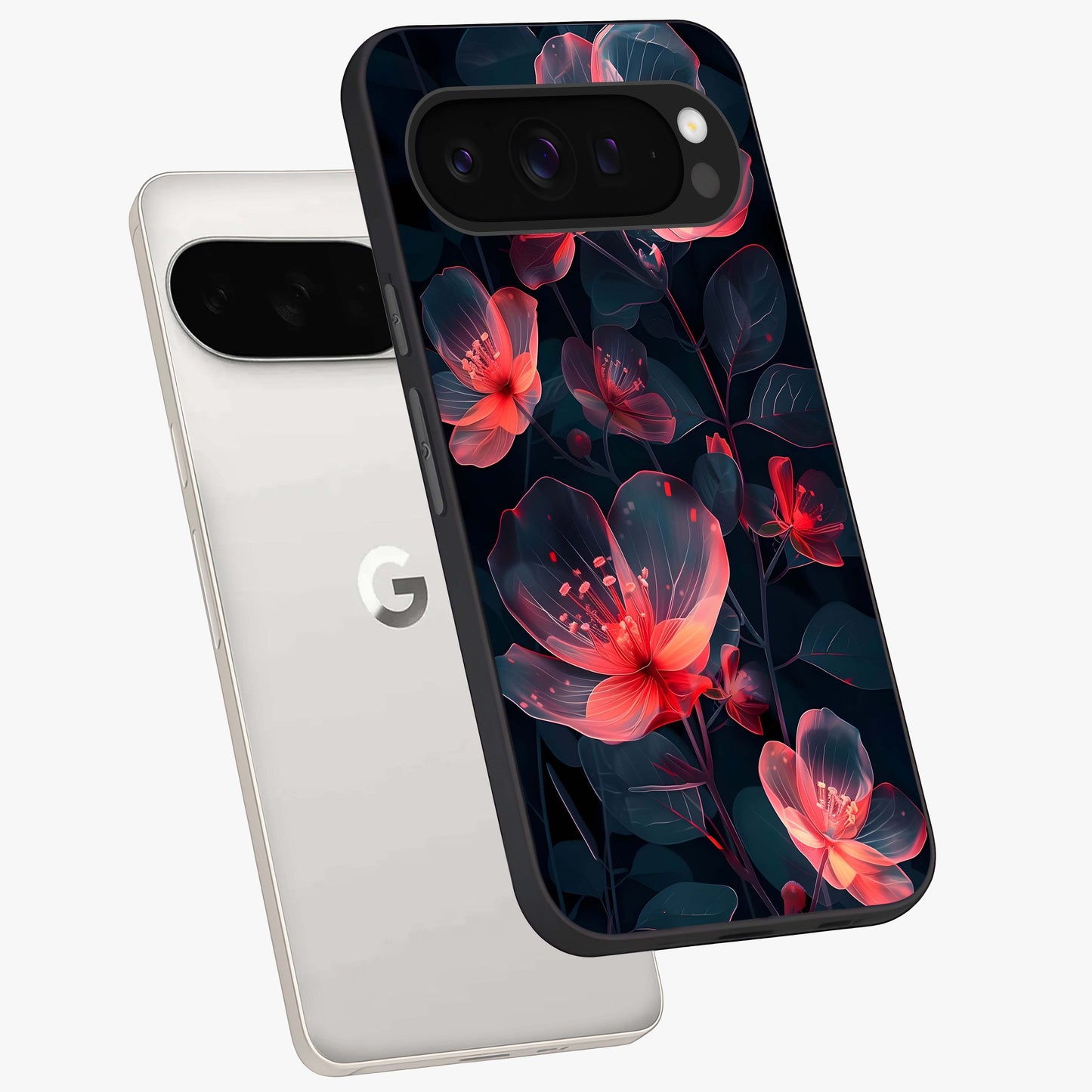 Dark Shade of Flower Glass Case displayed in angled mockup highlighting moody floral illustration with aesthetic dark tones.