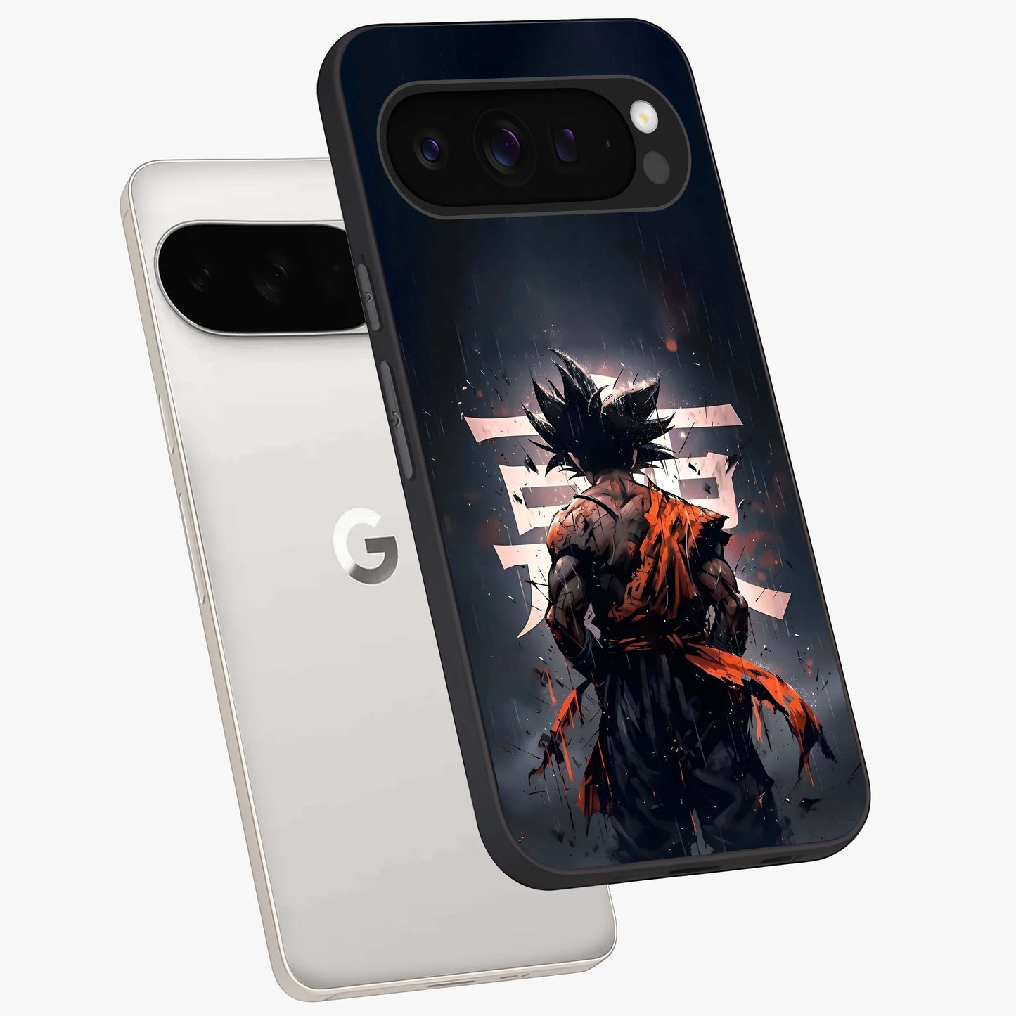Dark Warrior In Rain Glass Case displayed in angled mockup highlighting dramatic warrior illustration with dark rain aesthetic.