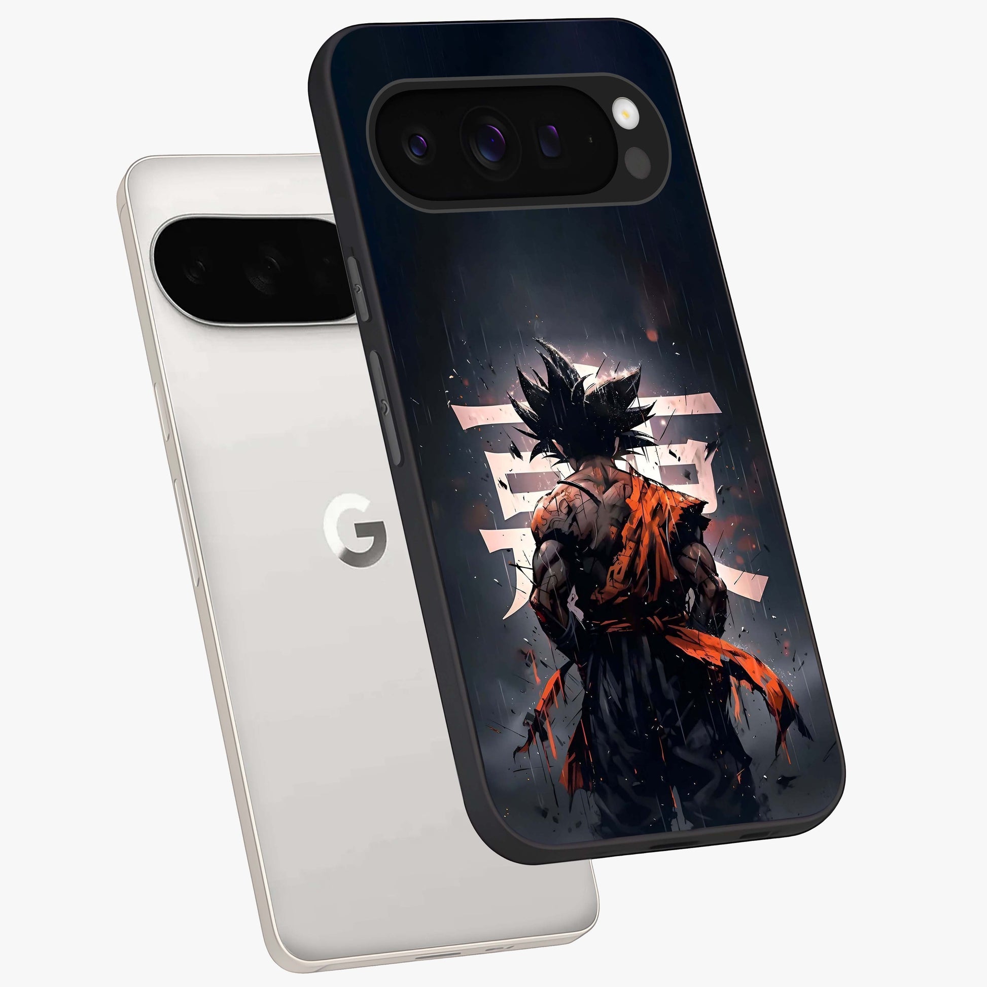 Dark Warrior In Rain Glass Case displayed in angled mockup highlighting dramatic warrior illustration with dark rain aesthetic.