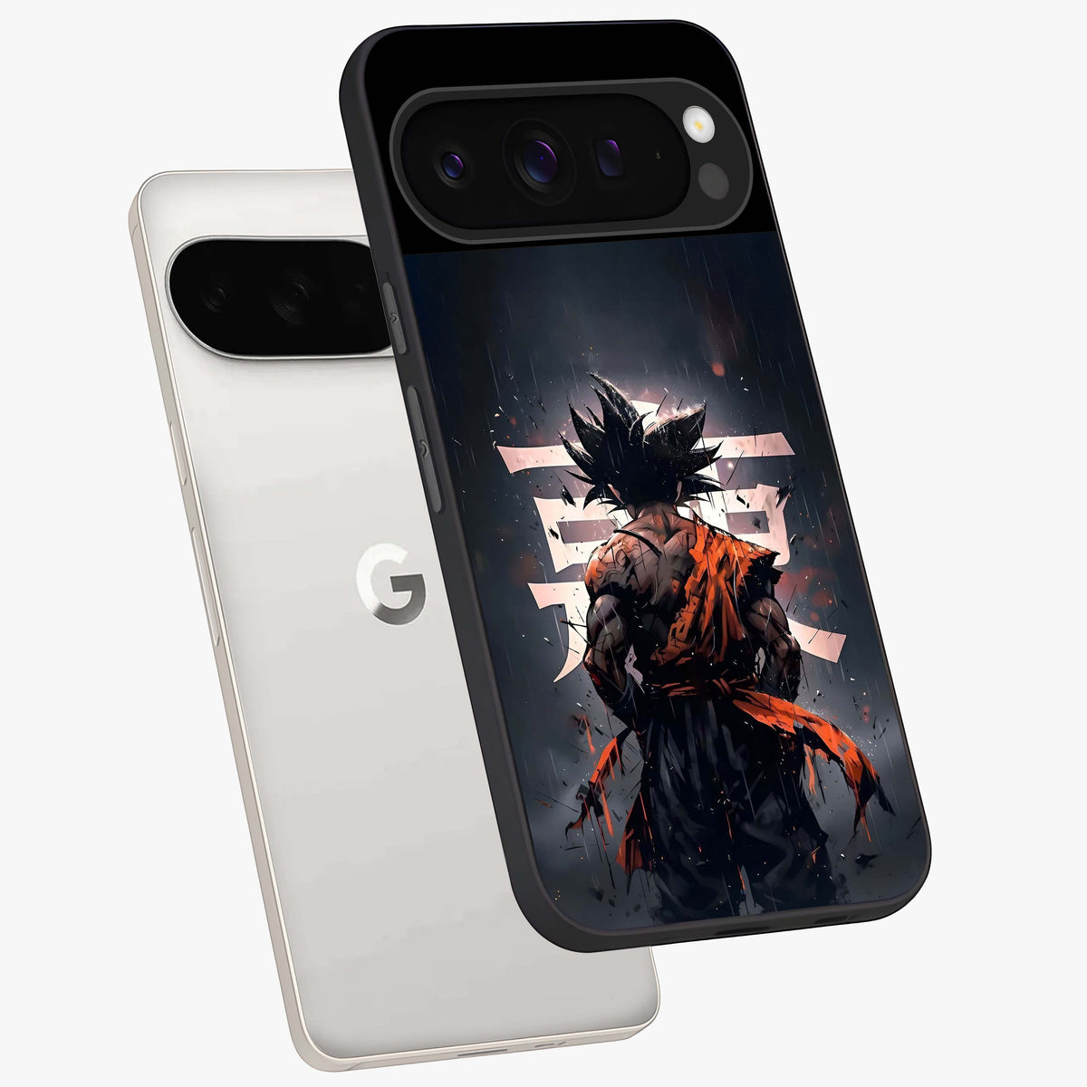 Dark Warrior In Rain Glass Case displayed in angled mockup highlighting dramatic warrior illustration with dark rain aesthetic.