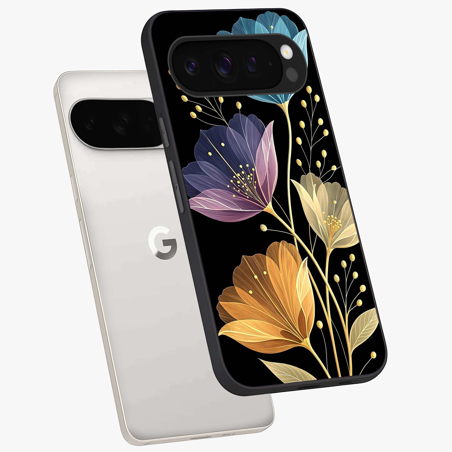 Delicate Multicolor Flowers Glass Case displayed in angled mockup highlighting colorful flower pattern with soft aesthetic style.