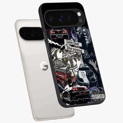 Die Young Glass Case displayed in angled mockup highlighting expressive graphic artwork with edgy aesthetic style.