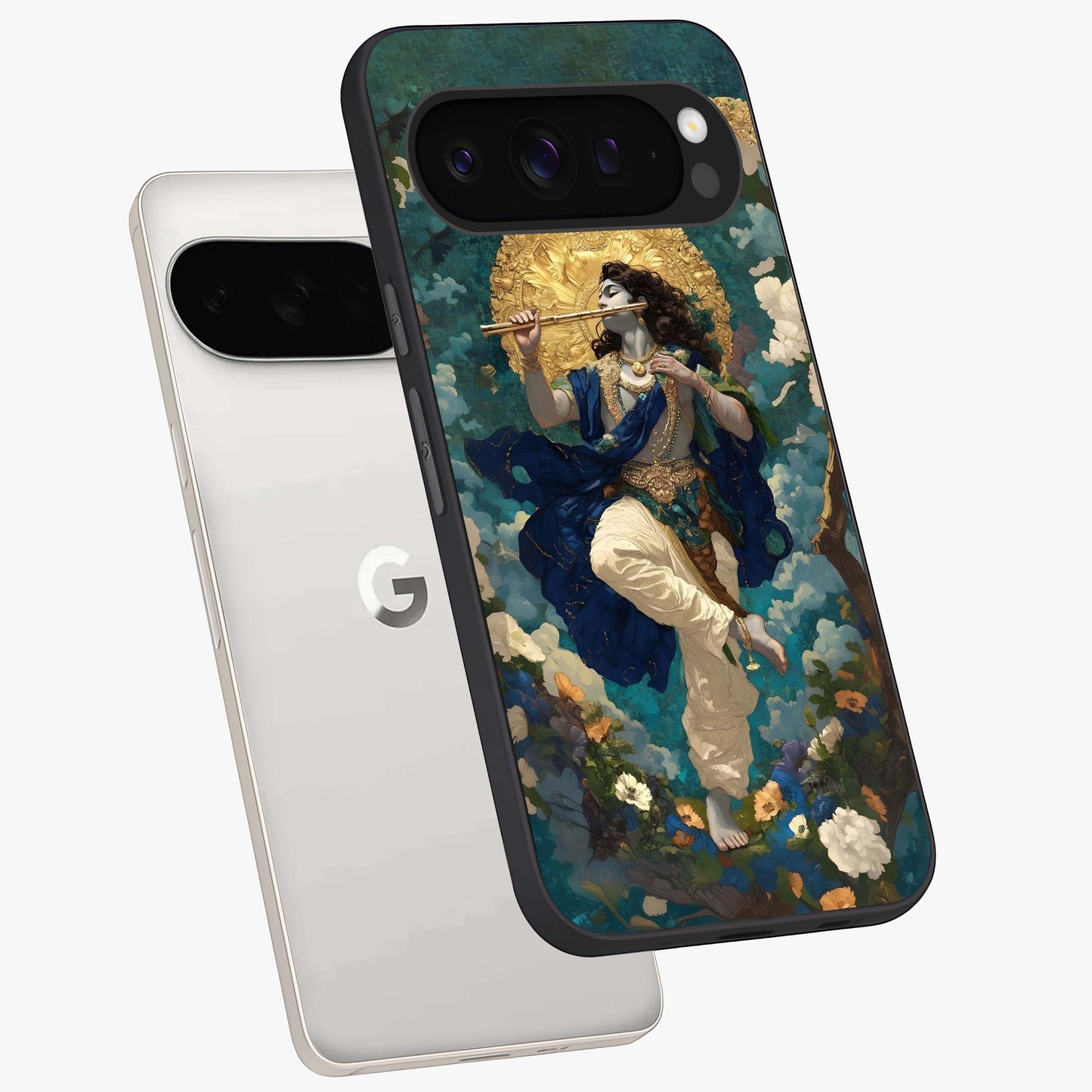 Divine Krishna Art Glass Case displayed in angled mockup highlighting spiritual Krishna illustration with devotional aesthetic.