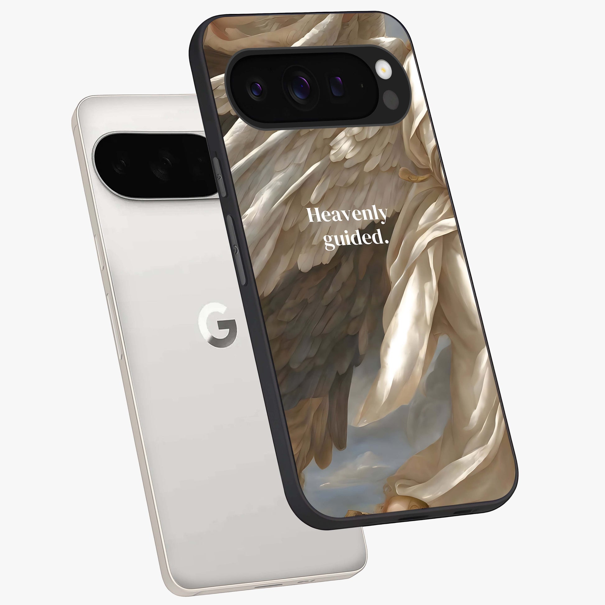 Divine Winged Grace Glass Case displayed in angled mockup highlighting graceful wing design with divine aesthetic style.