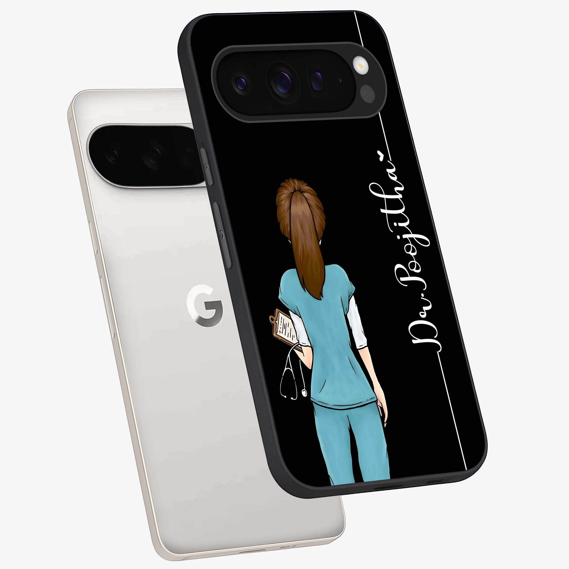Doctor Pattern Custom Name Glass Case displayed in angled mockup highlighting doctor inspired artwork with custom name feature.