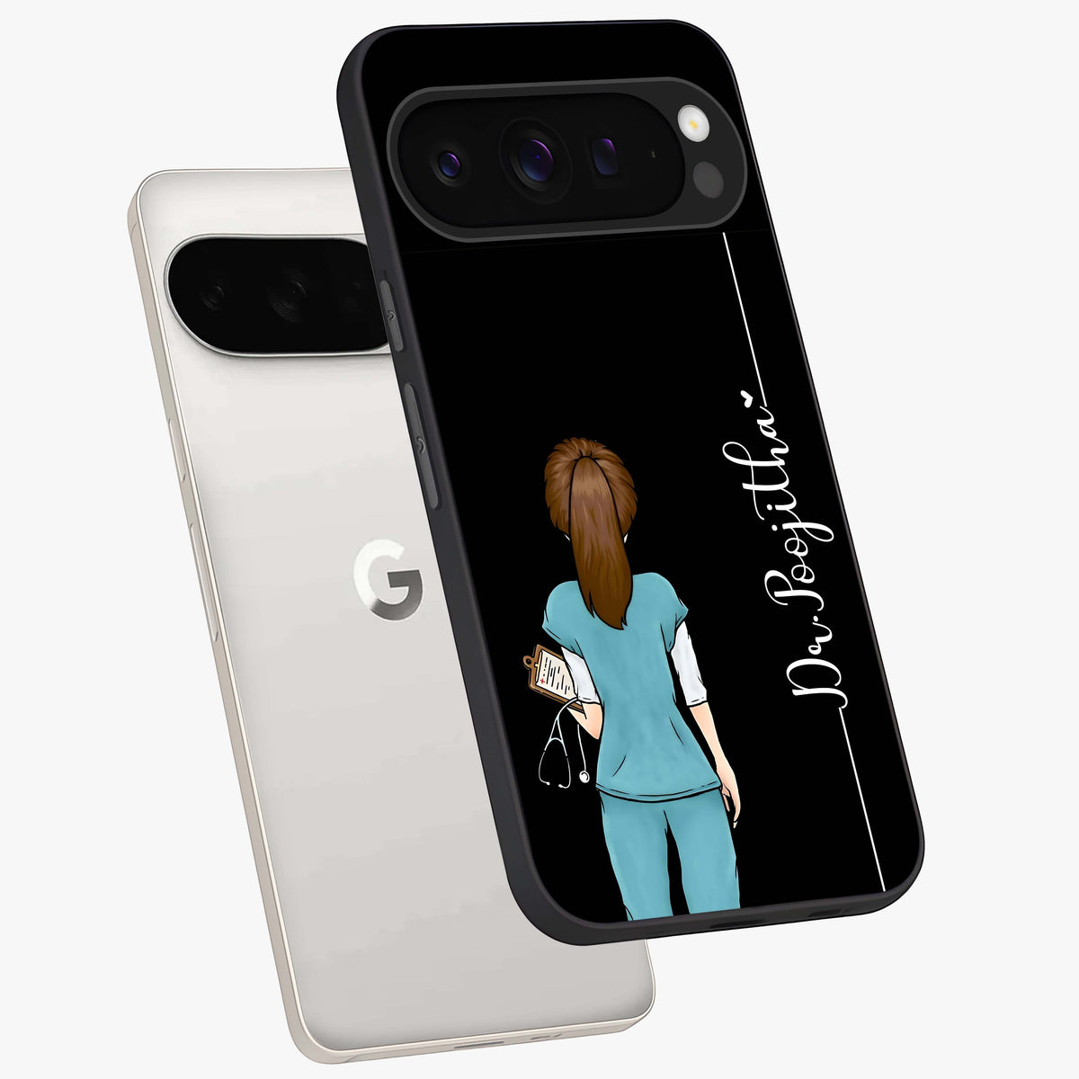 Doctor Pattern Custom Name Glass Case displayed in angled mockup highlighting doctor inspired artwork with custom name feature.