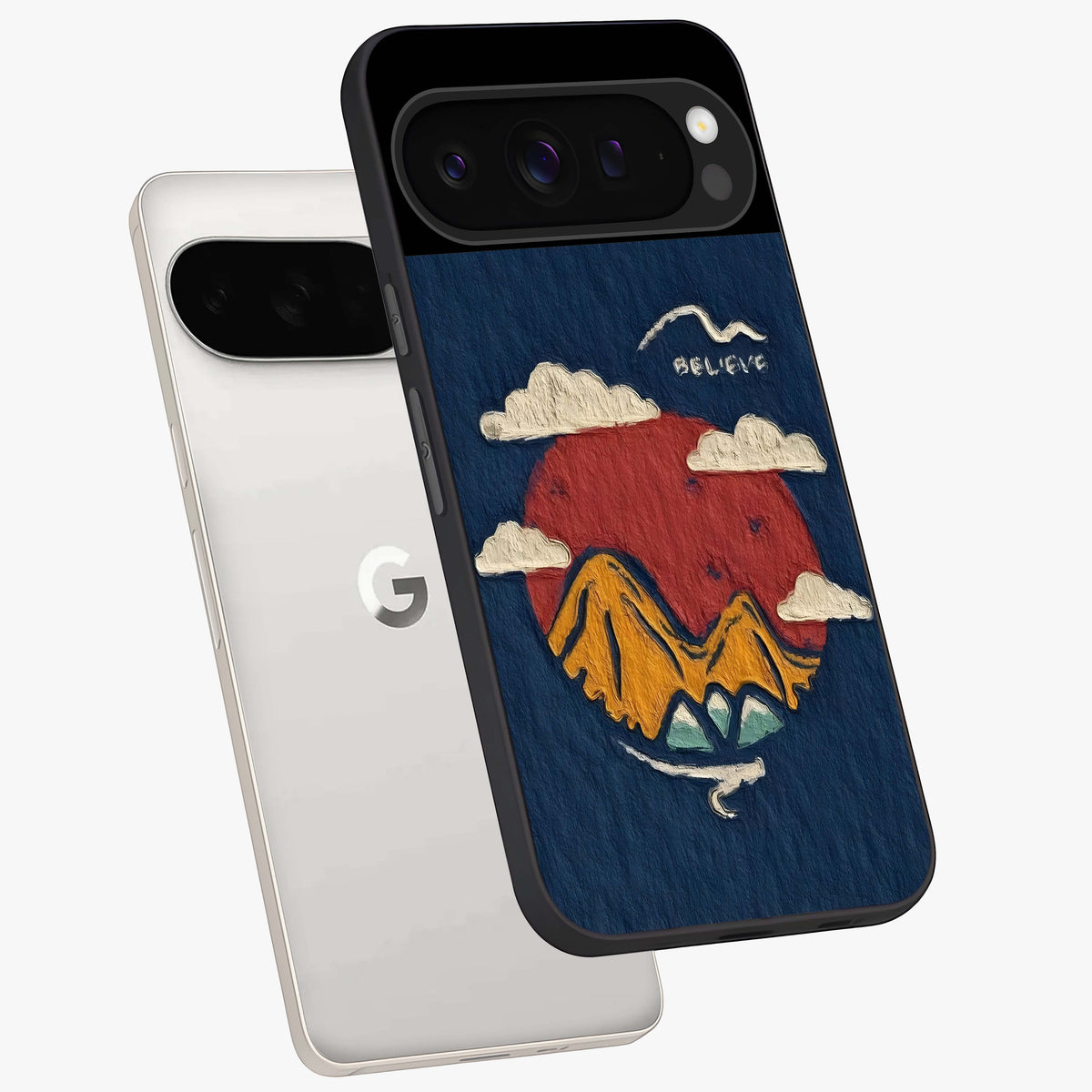 Dream Beyond Mountains Glass Case displayed in angled mockup highlighting dreamy mountain illustration with peaceful aesthetic.