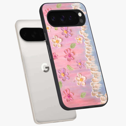 Dreamy Painted Garden Glass Case displayed in angled mockup highlighting colorful garden illustration with dreamy aesthetic style.