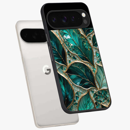 Emerald Leaf Glass Glass Case displayed in angled mockup highlighting botanical leaf illustration with elegant natural aesthetic.