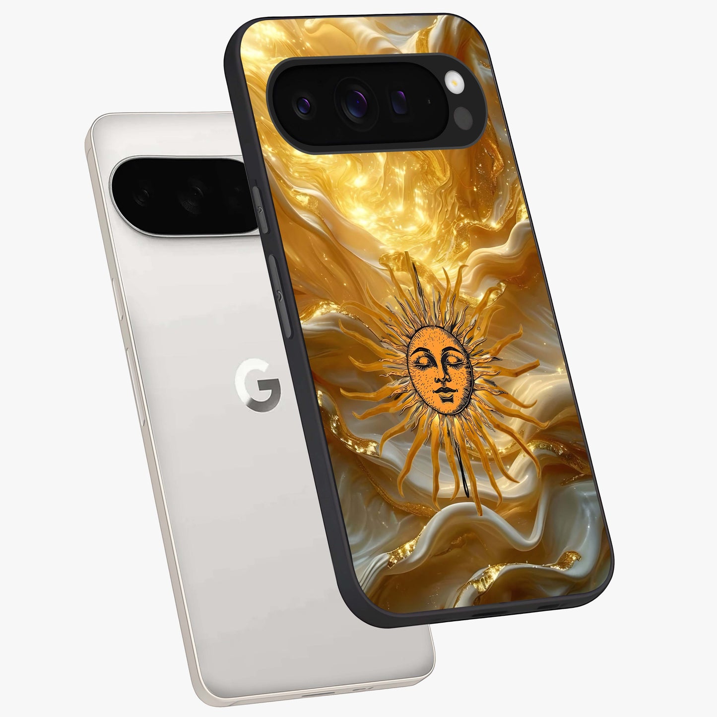Eternal Golden Glow Glass Case displayed in angled mockup highlighting glowing golden aesthetic design with elegant style.