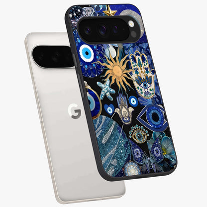 Evil Eye Charm Mix Glass Case displayed in angled mockup highlighting protective evil eye symbols with spiritual aesthetic design.