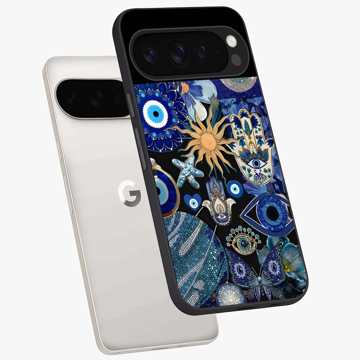 Evil Eye Charm Mix Glass Case displayed in angled mockup highlighting protective evil eye symbols with spiritual aesthetic design.