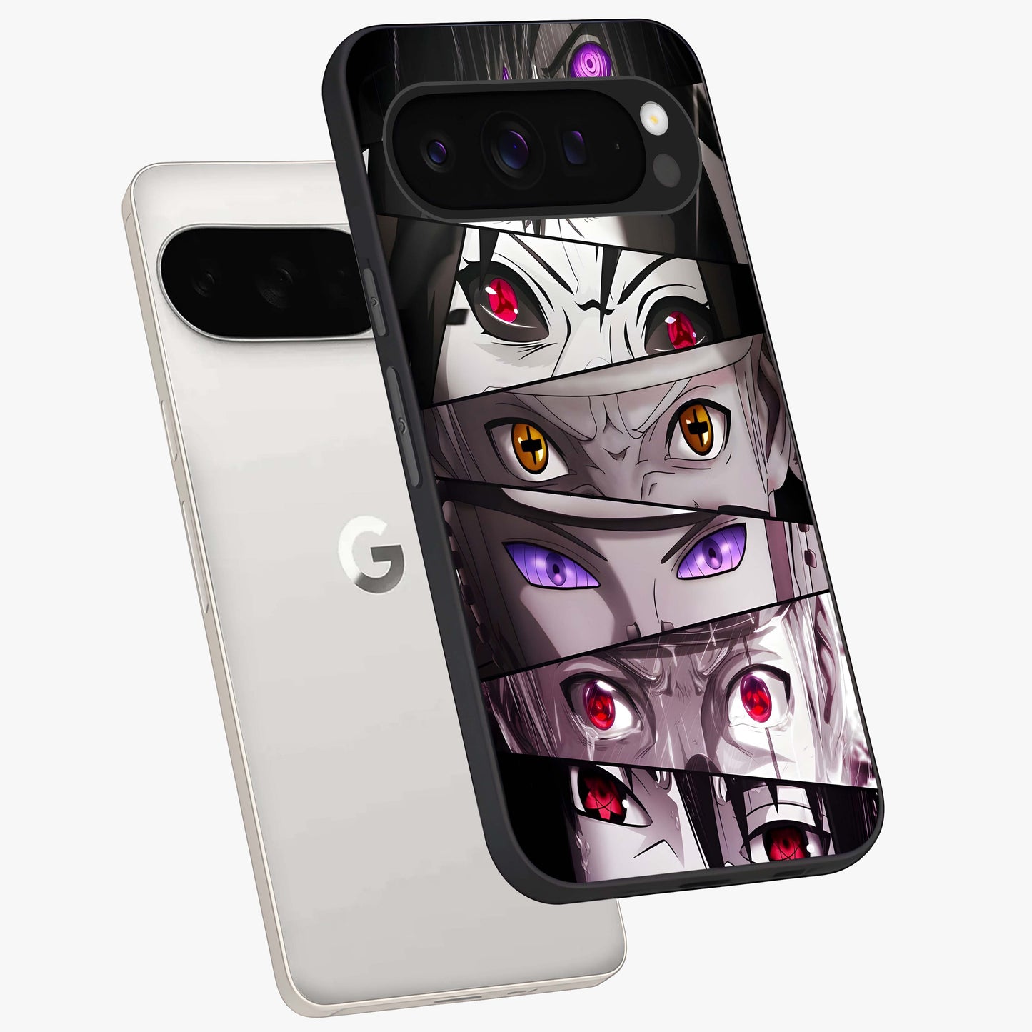 Eyes of Destiny Glass Case displayed in angled mockup highlighting bold eye illustration with mystical aesthetic style.