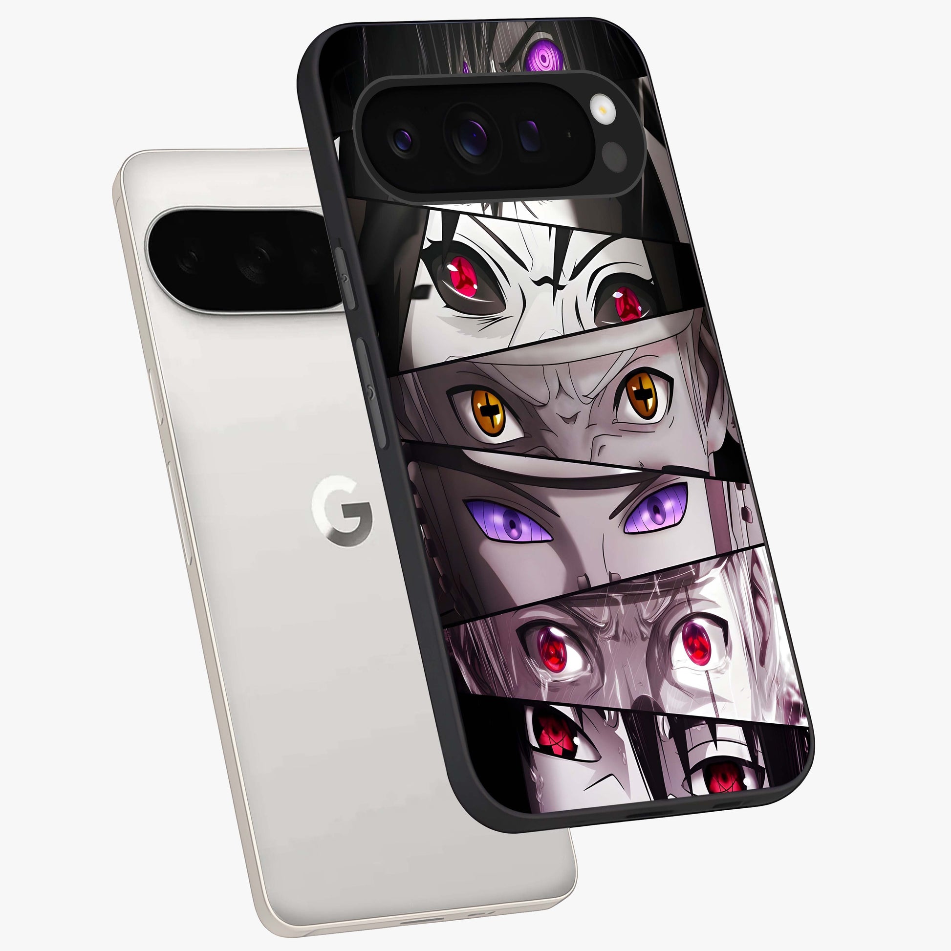 Eyes of Destiny Glass Case displayed in angled mockup highlighting bold eye illustration with mystical aesthetic style.