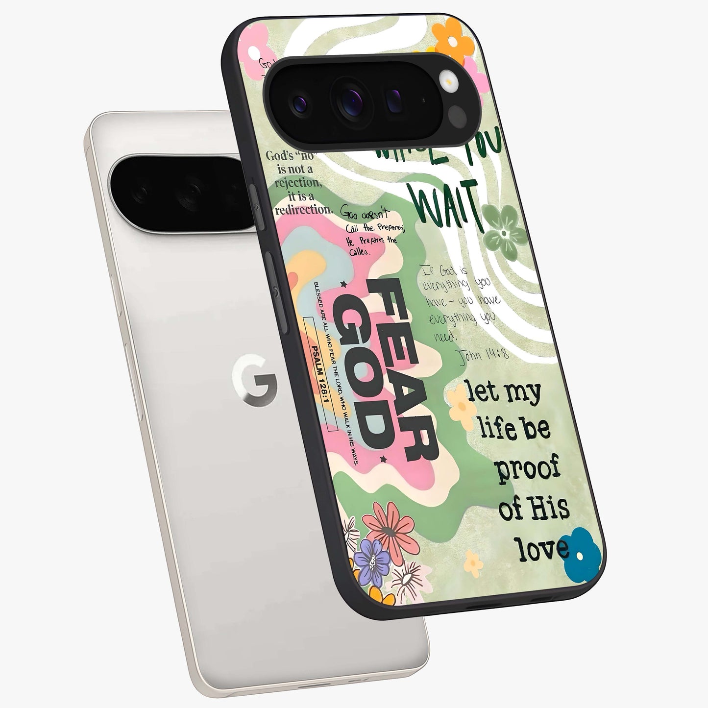 Faith Over Fear Glass Case displayed in angled mockup highlighting inspirational message design with modern aesthetic style.