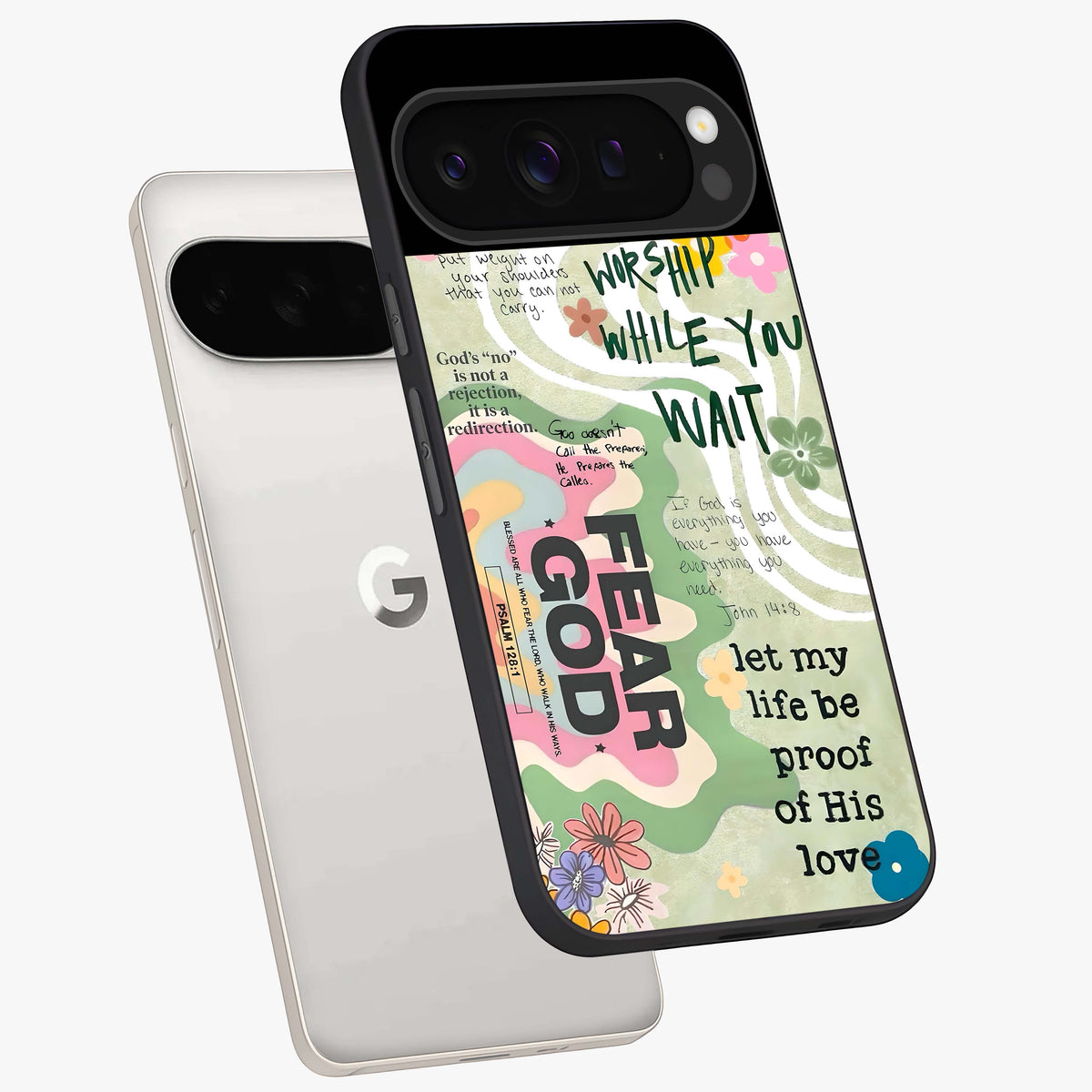 Faith Over Fear Glass Case displayed in angled mockup highlighting inspirational message design with modern aesthetic style.