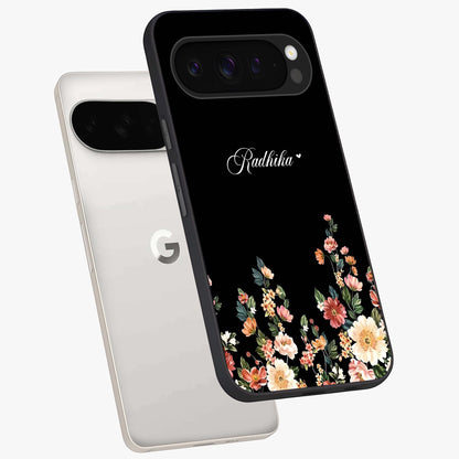 Floral Design With a Custom Personalized Name Glass Case displayed in angled mockup highlighting elegant floral pattern with custom name feature.