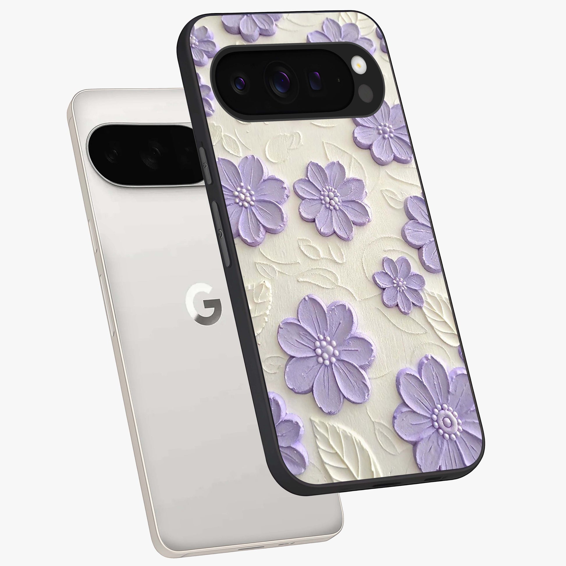 Floral Wall Art With Purple Flowers Glass Case displayed in angled mockup highlighting vibrant purple floral illustration with artistic aesthetic.