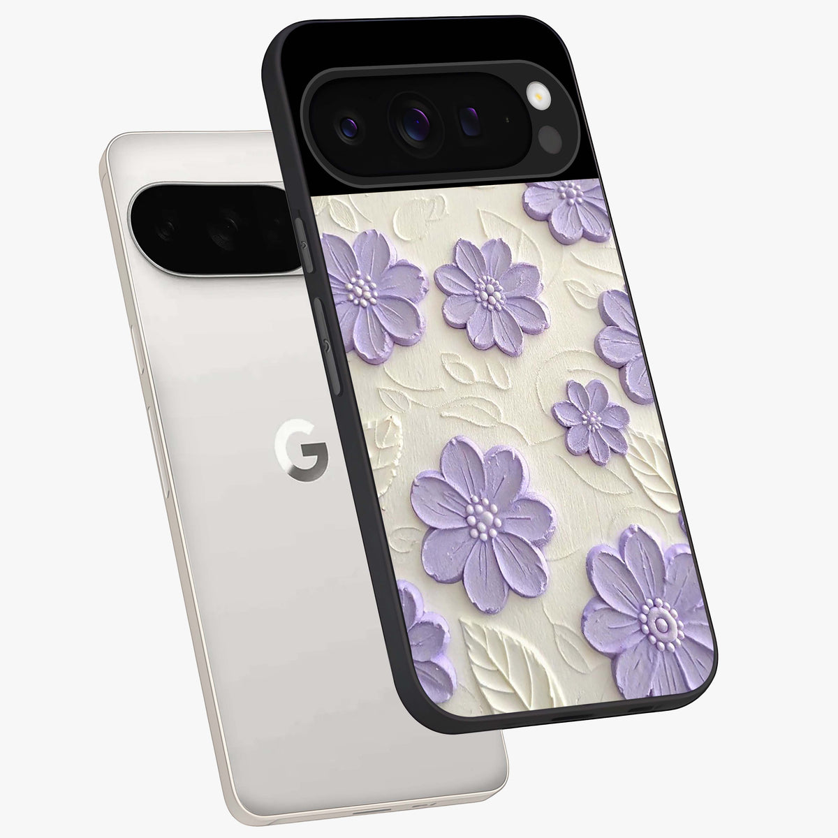 Floral Wall Art With Purple Flowers Glass Case displayed in angled mockup highlighting vibrant purple floral illustration with artistic aesthetic.