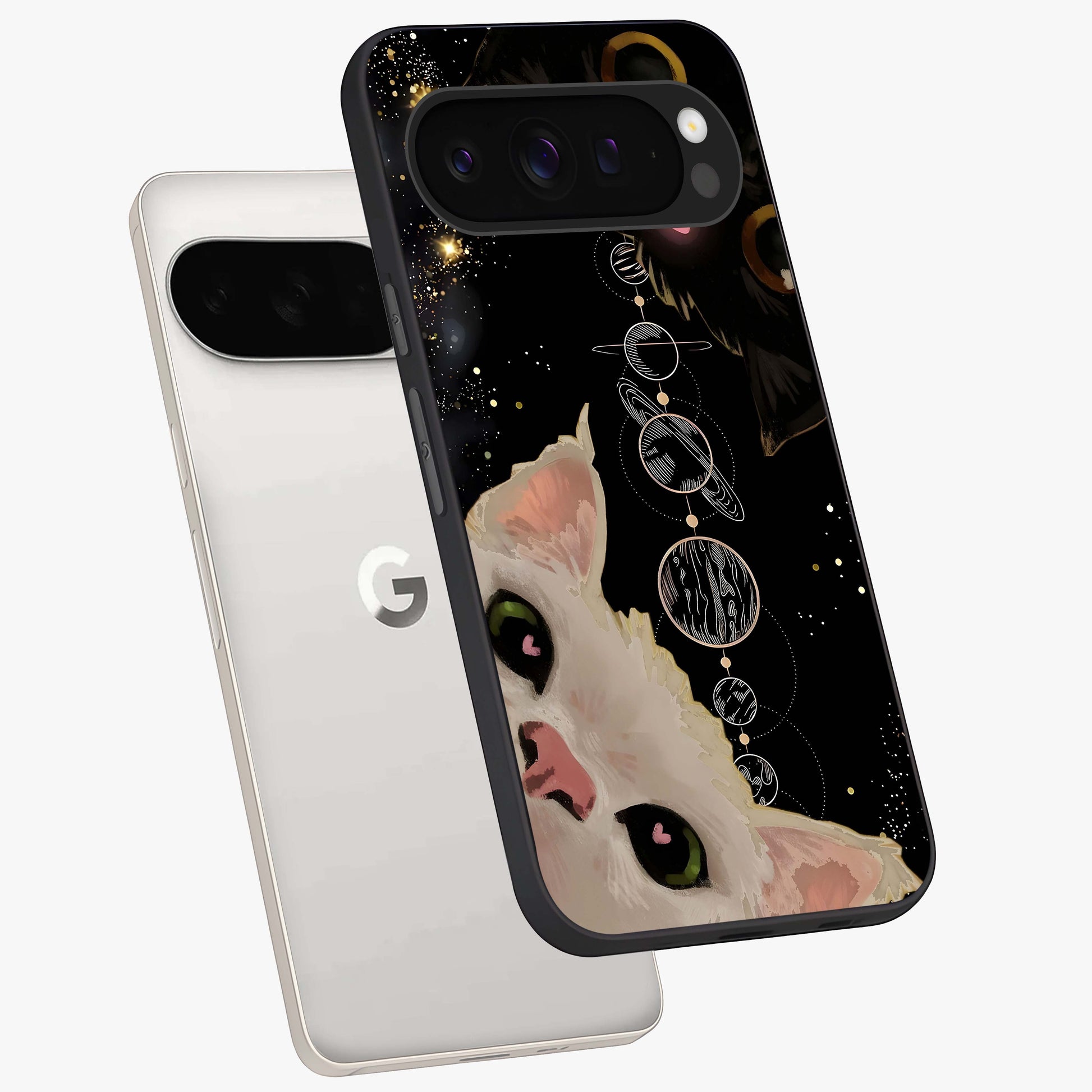 Galactic Cat Glass Case displayed in angled mockup highlighting celestial feline illustration with galaxy aesthetic style.