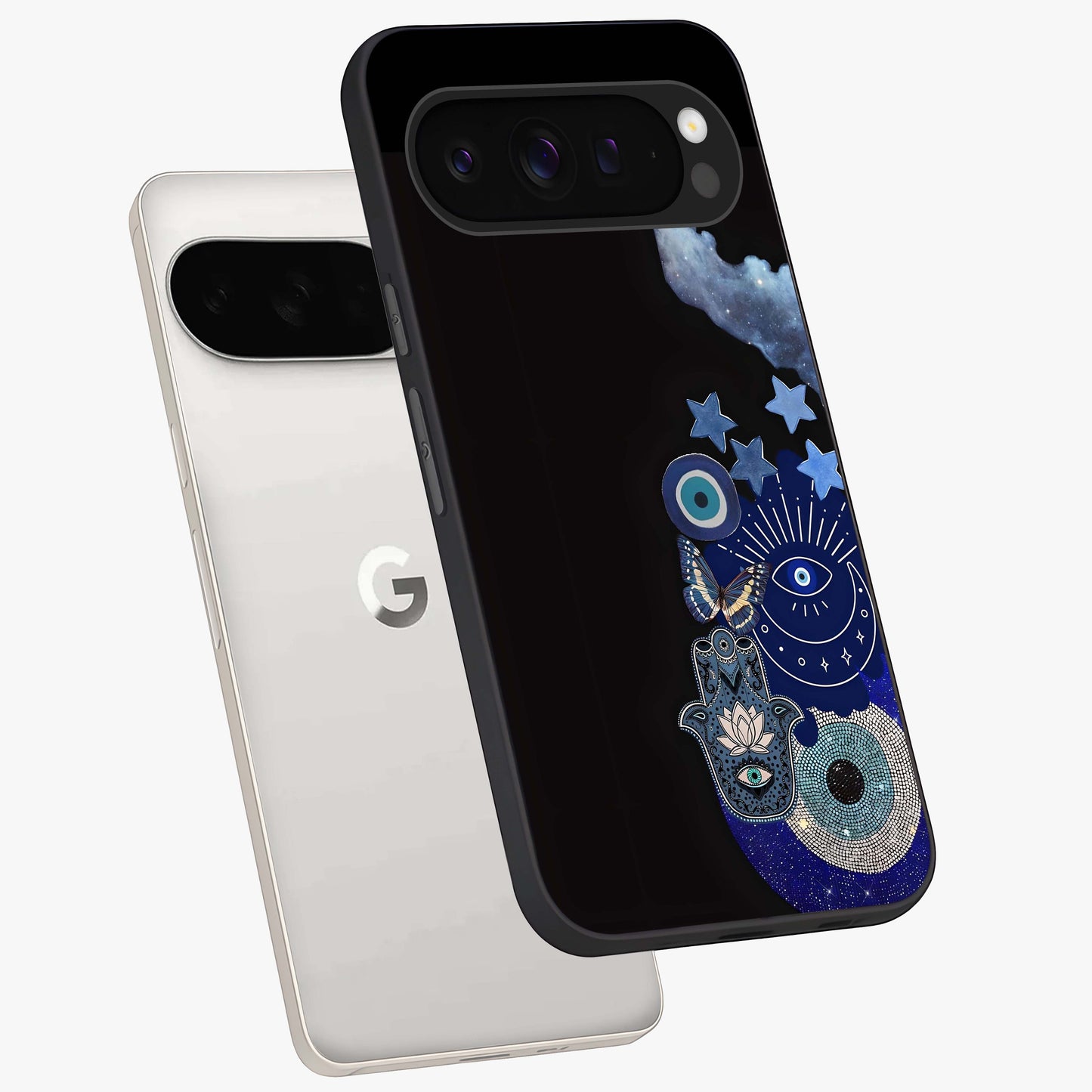 Galactic Charm Cluster Glass Case displayed in angled mockup highlighting luminous galaxy inspired design with dreamy aesthetic.