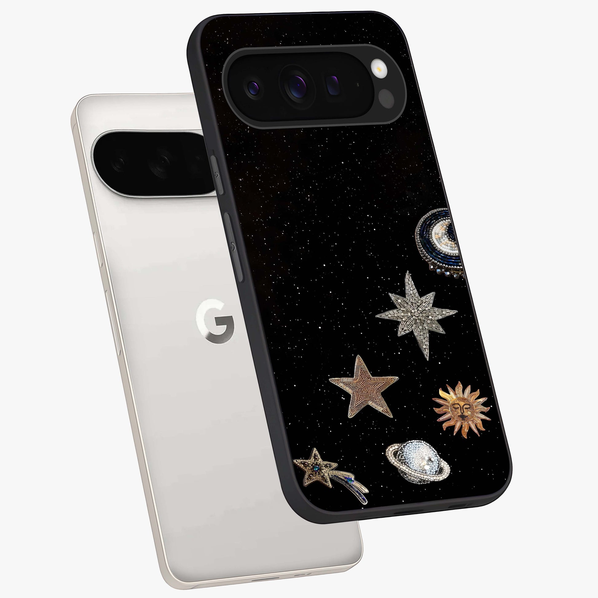 Galactic Charm Glow Glass Case displayed in angled mockup highlighting luminous galaxy inspired design with dreamy aesthetic.