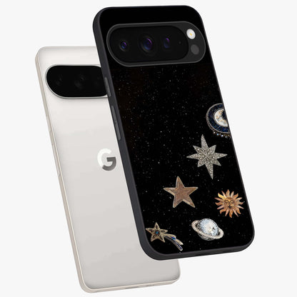 Galactic Charm Glow Glass Case displayed in angled mockup highlighting luminous galaxy inspired design with dreamy aesthetic.